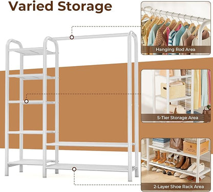 Heavy Duty Clothes Rack with 5 Tiers Shelves, Max Load 670LBS, Portable Freestanding Multi-Functional Metal Clothing Rack with Hanging Rods Organizer System for Bedroom Closet Wardrobe, White