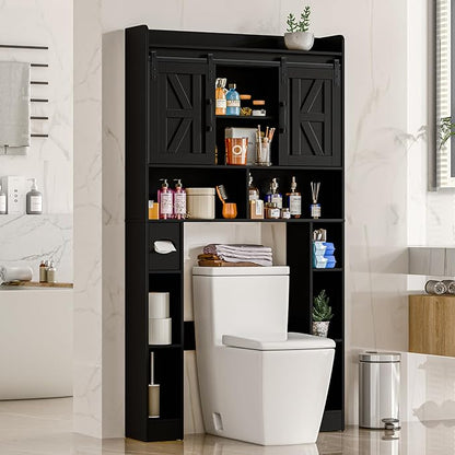 Farmhouse Storage Cabinet Over Toilet with Sliding Doors，Over The Toilet Storage Cabinet, Home Space-Saving Toilet Rack, for Bathroom, Restroom, Laundry.Pure Black
