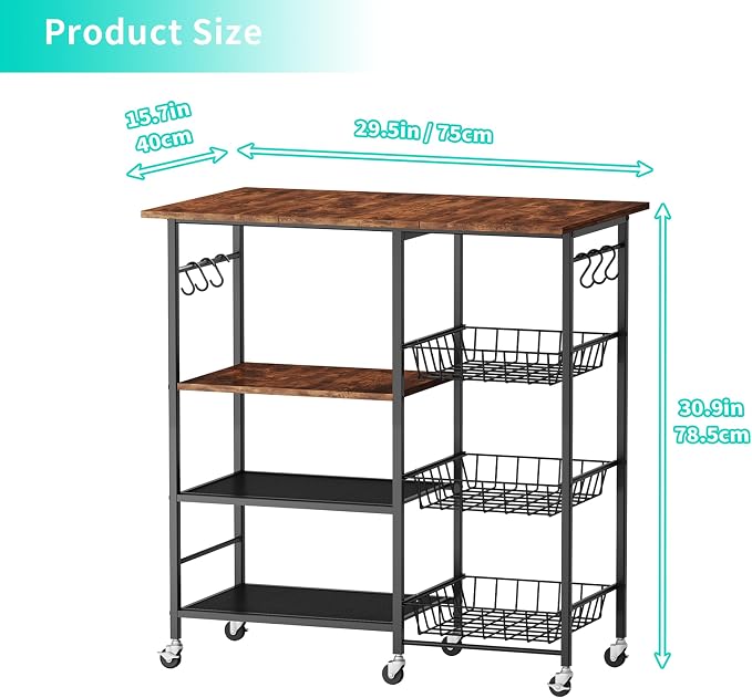 HapiRm Rolling Kitchen Microwave Cart - 4 Tier Microwave Table Stand with Pull-Out Baskets, Coffee Bar Baker's Rack with Wheels Rolling Storage Cart Organizer Shelf for Living Room Office, Balcony