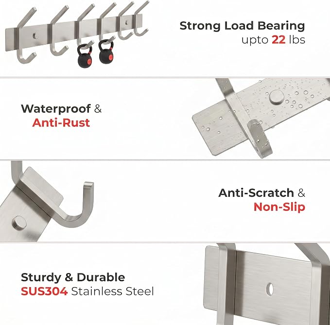 Coat Rack Wall Mount – Brushed Nickel 17 Inch Stainless Steel Hook Rail with 6 Heavy Duty Double Coat Hooks – Wall Mounted Coat Hanger for Entryway, Bathroom, Bedroom, Towel, Hat Organizer