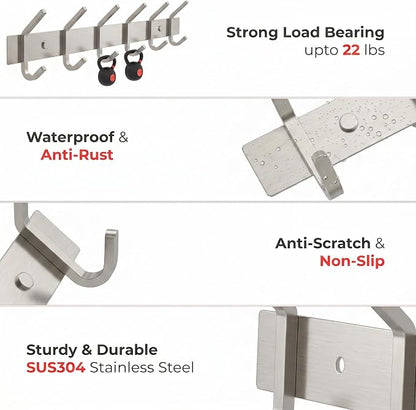 Coat Rack Wall Mount – Brushed Nickel 17 Inch Stainless Steel Hook Rail with 6 Heavy Duty Double Coat Hooks – Wall Mounted Coat Hanger for Entryway, Bathroom, Bedroom, Towel, Hat Organizer