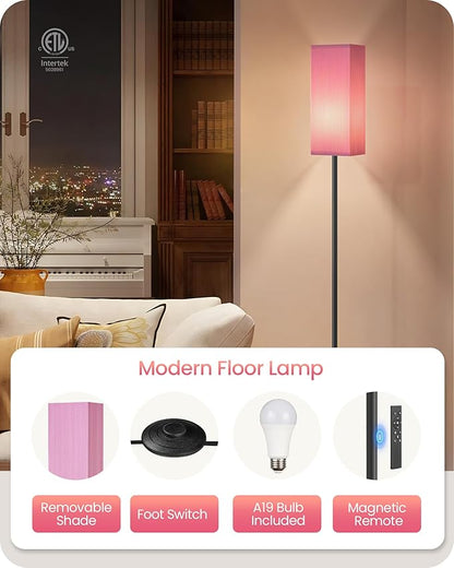 64.2” Dimmable Floor Lamp for Living Room with Remote and Foot Switch, Corner Floor Lamp for Bedroom, Includes 10W A19 Bulb, Modern Standing Tall Lamp, ETL Listed Pink and Black P17LD05