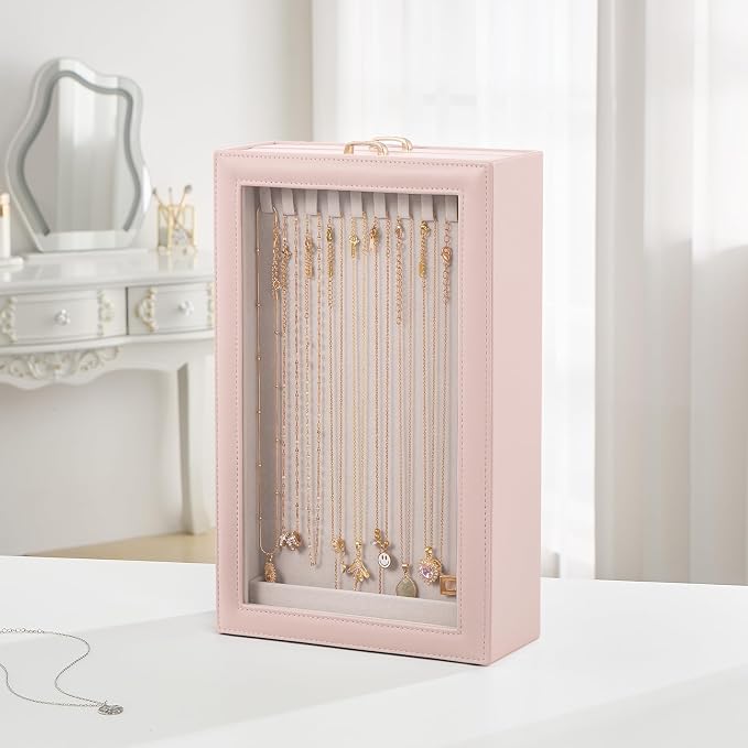 Lolalet Necklace Organizer Box, Jewelry Storage Box with Clear Window for Necklaces Bracelets, Tangle-Free Necklace Display Case for Women Girls, Pink, 2 Layers 20 Hooks