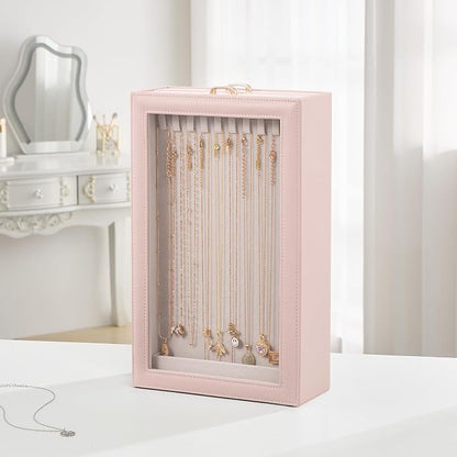 Lolalet Necklace Organizer Box, Jewelry Storage Box with Clear Window for Necklaces Bracelets, Tangle-Free Necklace Display Case for Women Girls, Pink, 2 Layers 20 Hooks
