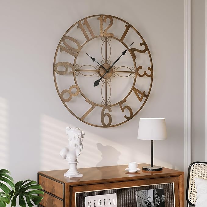 Cuspin 30 Inch Wall Clock, Large Decorative Wall Clock for Living Room, Silent Non-Ticking Battery Operated Metal Round Retro Rustic Arabic Numerals Analog Bronze Clock for Kitchen Mantel Office