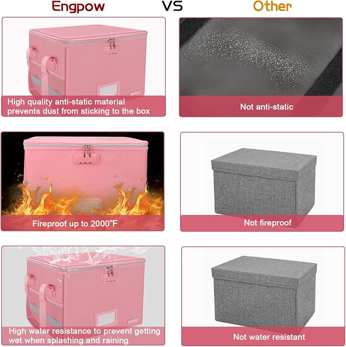 ENGPOW File Box with Lock, Fireproof Document Box with Zipper＆Pockets, Collapsible File Organizer Filing Storage Cabinet with Handle, Portable Home Office Safe for Hanging Letter/Legal Folder, Pink