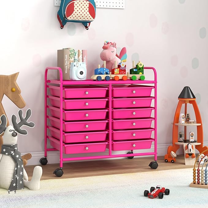 GOFLAME 12-Drawer Rolling Storage Cart, Multifunctional Art Craft Organizer Cart, Mobile Utility Storage Cart with Removable Drawers & Lockable Wheels, Craft Cart for Home Office School, Hot Pink