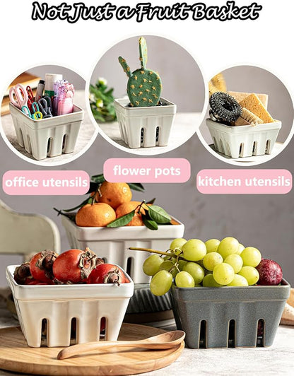 Gomakren Fruit Basket for Kitchen, Fruit Bowl with Holes, Ceramic Berry Basket Set of 2, 5.7 Inch Square Berry Containers Colander - Farmhouse Kitchen Decor, White
