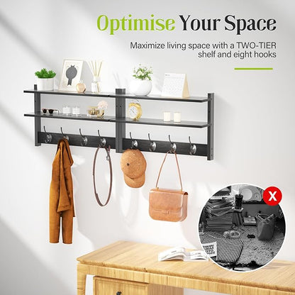 2 Tier Coat Rack Wall Mount with Shelf, 33" Wall Shelf with Hooks, Entryway Key Holder for Wall with 8 Heavy Duty Double Hooks, Coat Hook Wall Mounted for Bedroom, Living Room, Black