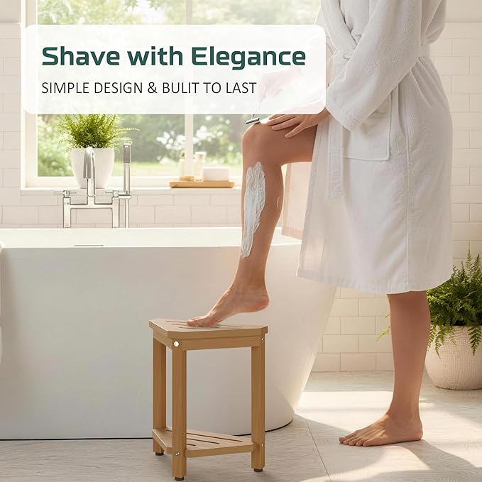 Shower Foot Rest 14in, HDPE Waterproof Shower Stool for Inside Shower, Corner Shower Stool for Shaving Legs with Storage Shelf, Shower Step Stool for Small Space, Plastic Corner Shower Bench, Teak
