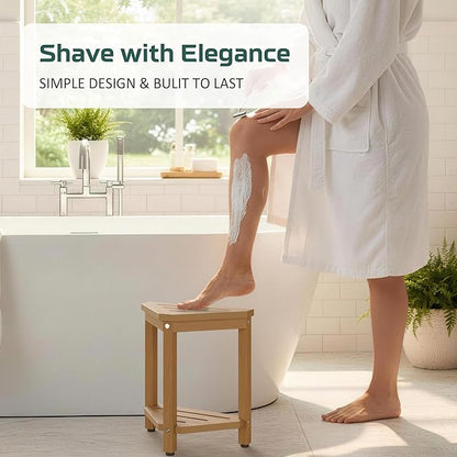 Shower Foot Rest 14in, HDPE Waterproof Shower Stool for Inside Shower, Corner Shower Stool for Shaving Legs with Storage Shelf, Shower Step Stool for Small Space, Plastic Corner Shower Bench, Teak