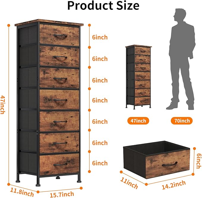 Fixwal Tall Dresser for Bedroom, Storage Dresser Organizer with 7 Fabric Drawers, Nightstand Furniture in Closet, Entryway, Hallway, Rustic Brown Wood Grain Print