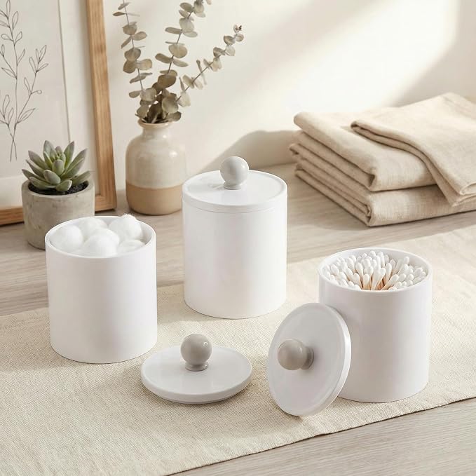 SheeChung 6 Pack White Acrylic Apothecary Jars - Shatterproof Qtip Holder Dispenser Set - Opaque Bathroom Vanity Organizer for Cotton Swabs,Balls,Pads - Modern Minimalist Decor(3*10oz,3*12oz)