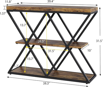 Garvee 3-Tier Entryway Table, Industrial Console Sofa Table with Storage, Accent Table with Open Shelves, X-Shaped Metal Frame, Foyer Table for Entryway, Hallway, Rustic Brown