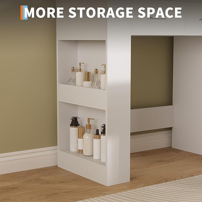 Garvee 41" Large Vanity Desk with 10-Bulb Mirror and Built-in Outlets - Makeup Vanity Desk with 3 Color Lighting Modes and 5 Drawers - Dressing Table with Soft Cushioned Stool for Bedroom