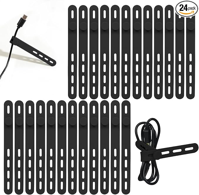Donruby 24Pcs Silicone Cable Ties - Reusable & Washable with Locking Buckles, Adjustable Fastening Cable Management Straps, Multi-Purpose High Elasticity Cord Organizer (Black)