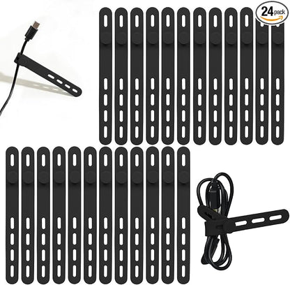 Donruby 24Pcs Silicone Cable Ties - Reusable & Washable with Locking Buckles, Adjustable Fastening Cable Management Straps, Multi-Purpose High Elasticity Cord Organizer (Black)