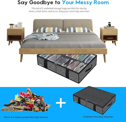 Onlyeasy 2 Pack Under Bed Shoes Storage Bag Organizer (14+4 Pairs), Collapsible Shoe Boot Container with Handles, Underbed Storage Solution for Kids & Adults, 86x60x15cm, Linen-like Black, MXAUBS14S4