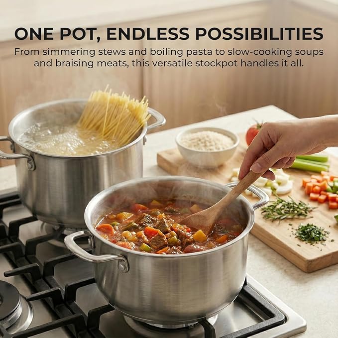 Sunhouse Stock Pot with Lid - 6.5 QT Large Pot for Cooking Pasta, Soup, Spaghetti - Ultra Thick 5-ply Base 18/8 Stainless Steel Pots for Canning, Boiling - Oven Safe & Induction Compatible Cookware