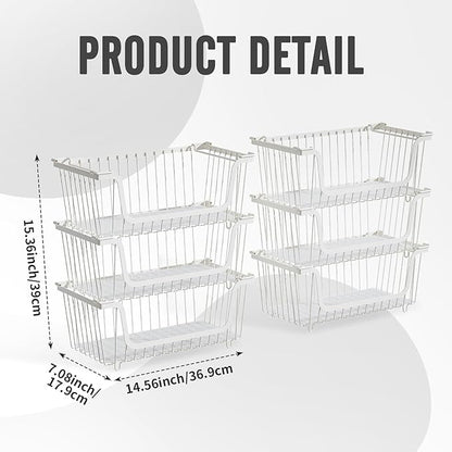 GAOKASE 6 Pcs Stackable Wire Baskets for Pantry Organizers and Storage,Vegetable Fruit Basket for Countertop,Kitchen Storage Metal Baskets,Produce Potato Onion Storage Bin,White