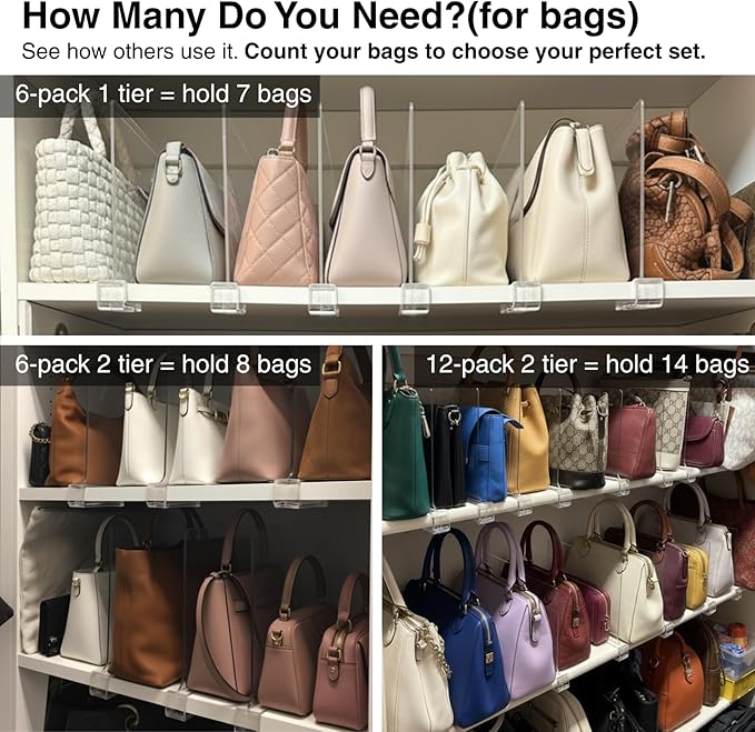 Shelf Dividers Purse Organizer for Closet: 11-inch Tall(Higher Version) Acrylic Sweater Organizer - Upgraded Extra Height for Large Handbags, Totes, Clothes, Towels on Wood Shelves 6-Pack