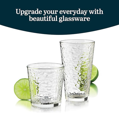 Libbey Yucatan Tumbler and Rock Drinking Glasses Set, Textured 16 Piece Glassware Set, All Purpose Glass Cups for Events and Everyday Use