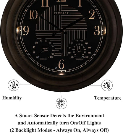 CLXEAST 24 Inch Self-Illuminated in/Outdoor Atomic Wall Clock with Temperature and Humidity, Oversized Large 24 Inch Wall Clocks for Living Room Decor, Brushed Grey Oak Wooden Finish