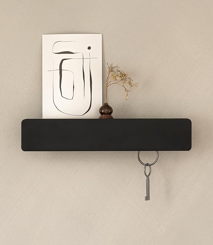 Kazai. Key Holder for Wall 'Kian' | Minimalist Key Rack Design from Berlin | Modern Metal Wall Key Hooks with Shelf | Mail and Key Holder for Entryway | Black