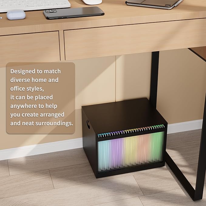LONTAI Bamboo Hanging File Boxes with Lids 2 Pack, File Organizer Box for Letter/Legal File, File Box with Hanging Folders Acrylic Light Easy Assembly File Storage Boxes for Home Office, Black