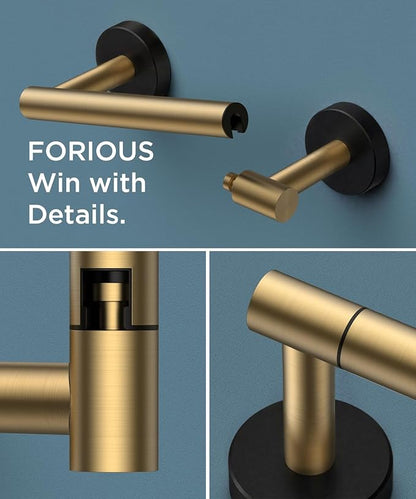 FORIOUS Toilet Paper Holder Wall Mount, Stainless Steel Rustproof Double Post Pivoting Tissue Roll Holder for Bathroom, Commercial Toilet Paper Dispenser, Brushed Gold & Matte Black