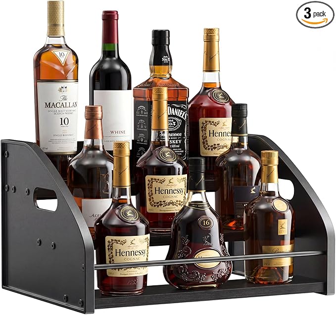 Countertop Liquor Bottle Organizer Shelf, 3-Tier | Rustic Display Rack, For Wine & Coffee Syrups, Freestanding Bar and Kitchen Storage, Easy-Carry Handles