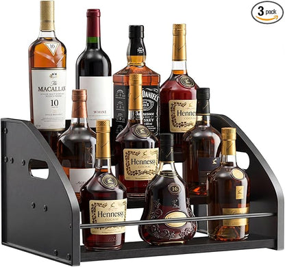 Countertop Liquor Bottle Organizer Shelf, 3-Tier | Rustic Display Rack, For Wine & Coffee Syrups, Freestanding Bar and Kitchen Storage, Easy-Carry Handles
