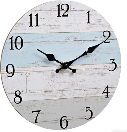 Wall Clock 10 Inch Silent Non-Ticking Coastal Beach Style Wall Clocks Battery Operated Rustic Retro Decorative for Kitchen, Bathroom, Living Room, Laundry Room(Azure Blue)