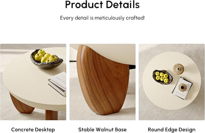 homary 30" Round Coffee Table, Modern Concrete Center Table with Walnut Ash Wood Legs, Minimalist Cement Finish for Living Room