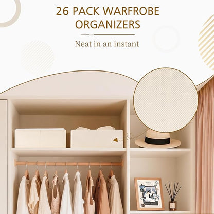 Criusia 26 Pack Drawer Organizer for Clothes, Foldable Dresser Dividers with 3 Sizes, Fabric Storage Bins – Beige