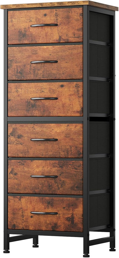 Sweetcrispy Tall Fabric Dresser for Bedroom, 6 Drawer Skinny Chest of Drawers, Narrow Storage Tower with Wood Top and Metal Frame, Vertical Nightstand for Closet, Bedroom Organization Furniture, Brown