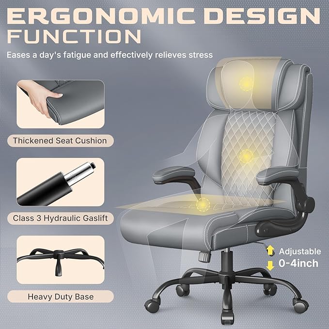 Office Chair-Executive High Back Breathable Comfy Desk Chair with Flip-up Armrests Lumbar Support-Ergonomic Leather Rolling Swivel Chair with Rock Function for Working Studying Gaming