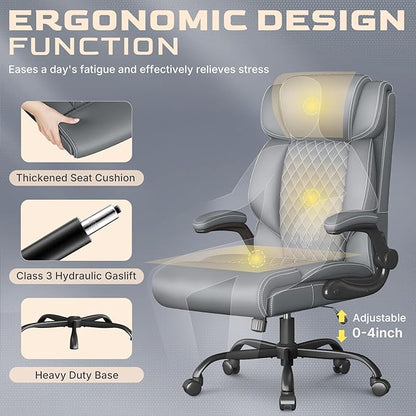 Office Chair-Executive High Back Breathable Comfy Desk Chair with Flip-up Armrests Lumbar Support-Ergonomic Leather Rolling Swivel Chair with Rock Function for Working Studying Gaming