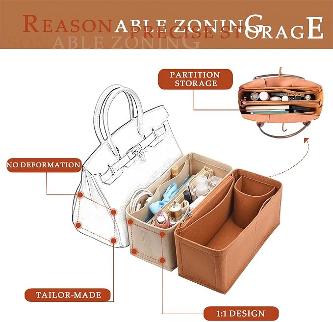 Purse Organizer Insert For Birkin 25 Bag, Felt Insert Organizer With Zipper, Large Capacity,Women’s Handbags Shaper (25,Orange)