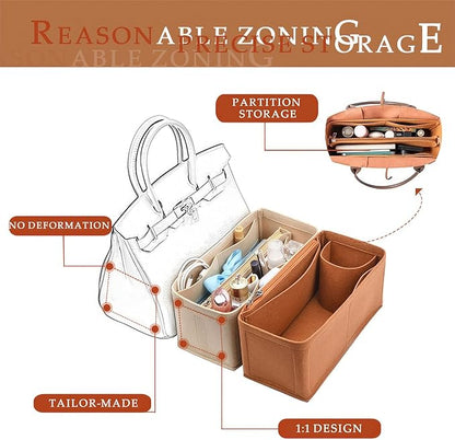 Purse Organizer Insert For Birkin 25 Bag, Felt Insert Organizer With Zipper, Large Capacity,Women’s Handbags Shaper (25,Orange)