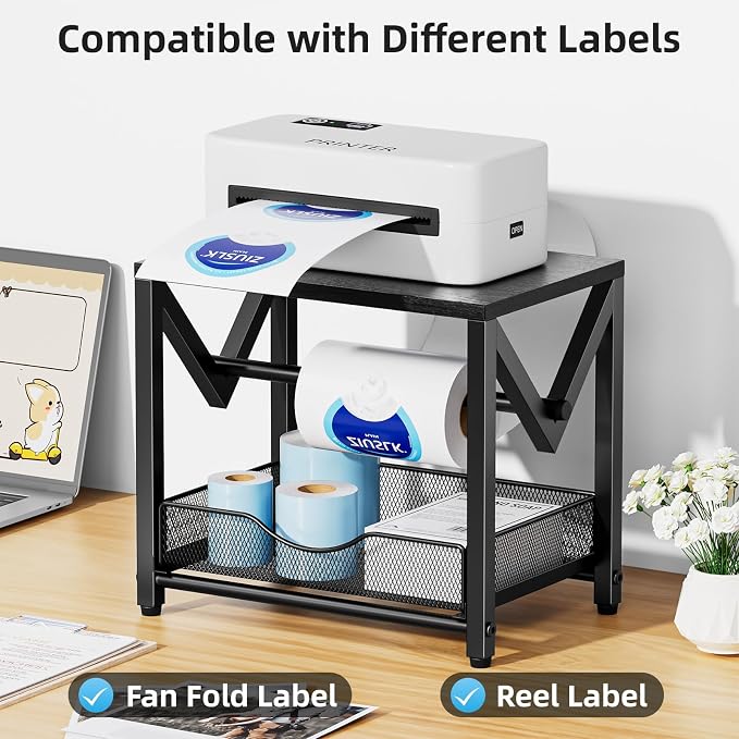 Marbrasse Label Holder for Rolls and Fanfold Labels, Wood Label Printer Holder With Drawer, Shipping Label Stand for Thermal Printer, Sticker Roll Holder for Home, Office, Small Business , Wood Black