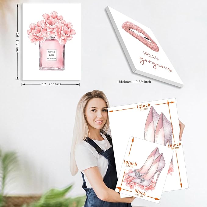 FRAMED Pink Makeup Room Canvas Wall Art, Fashion Woman Picture Wall Decor Paintings, Watercolor Perfume High Heels Lipstick Beauty Room Decor Pictures Arts for Girls Women Room Decor, (Set of 6, 12x16 in, Framed)