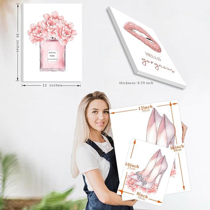 FRAMED Pink Makeup Room Canvas Wall Art, Fashion Woman Picture Wall Decor Paintings, Watercolor Perfume High Heels Lipstick Beauty Room Decor Pictures Arts for Girls Women Room Decor, (Set of 6, 12x16 in, Framed)