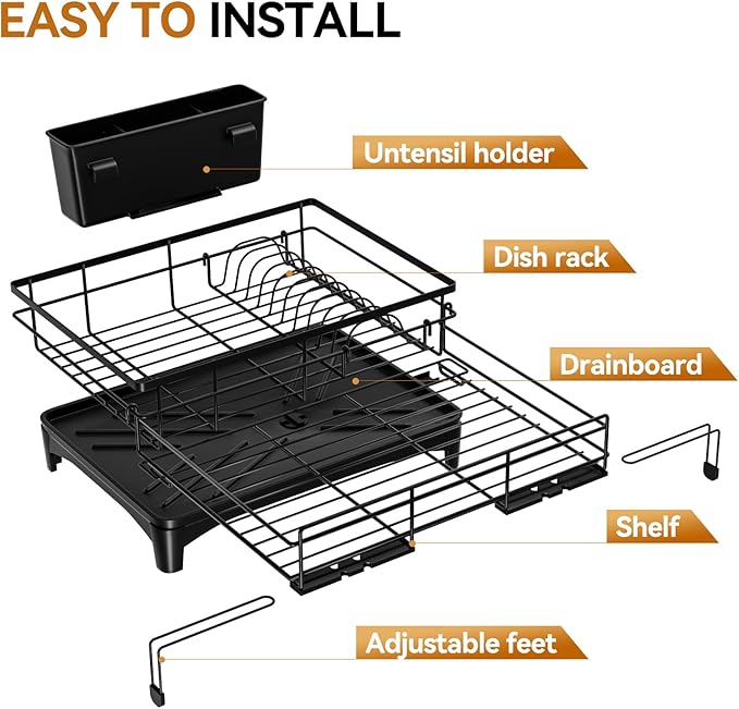 Laveshop Dish Drying Rack - Expandable Rack, Large Capacity Dish Drainer for Kitchen Counter, Rust-Proof with Utensil Holder, Black