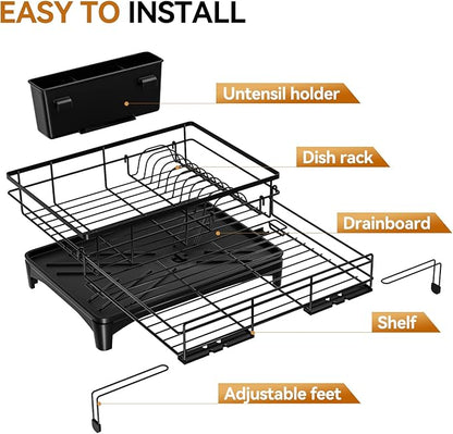 Laveshop Dish Drying Rack - Expandable Rack, Large Capacity Dish Drainer for Kitchen Counter, Rust-Proof with Utensil Holder, Black