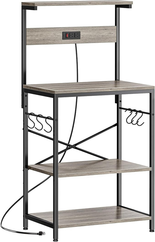 SUPERJARE Kitchen Bakers Rack with Power Outlet, Coffee Bar Table 4 Tiers, Kitchen Microwave Stand with 6 S-shaped Hooks, Kitchen Storage Shelf Rack for Spices, Pots and Pans - Greige