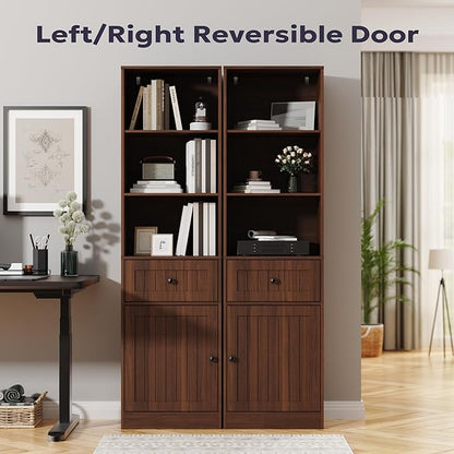 Farmhouse 71" Tall Bookshelf with Drawer, Narrow Bookcase with Adjustable Left/Right Door, Adjustable Shelf, Freestanding Display Book Shelf for Bedroom,Living Room, Office, Walnut