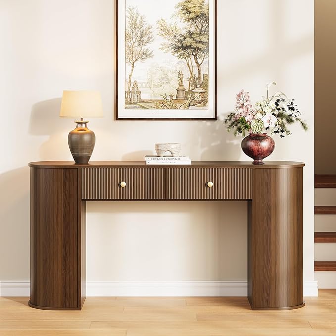 59" Fluted Console Table with 2 Drawers - Wood Entryway Table with Storage, Mid Century Modern Long Sofa Tables Behind Couch with Curved Legs for Living Room, Entry, Hallway, Foyer, Walnut