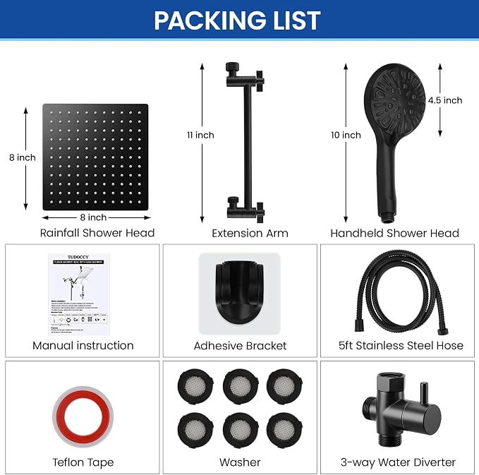 Tudoccy Shower Head, 8‘’ High Pressure Rainfall Shower Head/Handheld Shower Combo with 11'' Extension Arm, 9 Settings Anti-leak Shower Head with Holder, Height/Angle Adjustable, Matte Black
