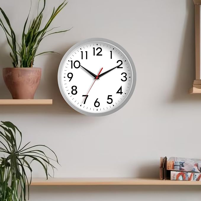DAXSMY Wall Clock Small Analog 8 Inch Silent Non Ticking Battery Operated Modern Simple Decorative for Kitchen Office Bedroom Bathroom Living Room(Silver)